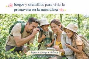 Familia con niños explorando la naturaleza en primavera con juegos educativos y utensilios de exploración