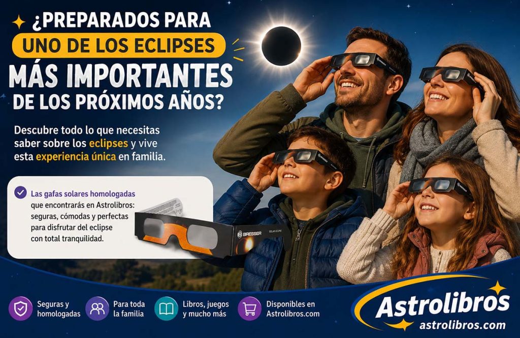 Familia observando un eclipse solar con gafas homologadas disponibles en Astrolibros